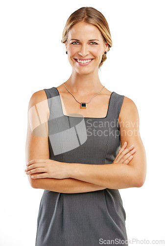 Image of Portrait, business and woman with arms crossed, leadership and lady isolated on white studio background. Female entrepreneur, employee and marketing manager with confidence, smile and corporate deal