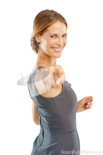 Image of Pointing, you and woman in studio portrait to show winner, opportunity or choice for success, vote and direction. Professional worker, employee or worker with hand sign for recruitment and smile