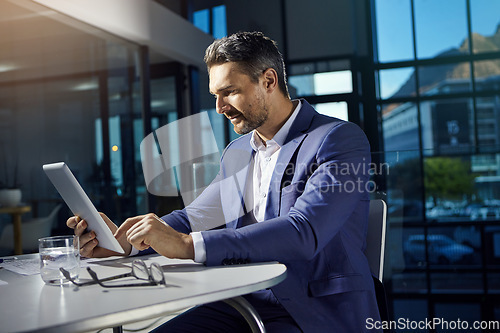 Image of Technology, modern office and businessman with tablet reading crypto data online. Financial trading, cryptocurrency and investment, man thinking at table with internet research or analytics.