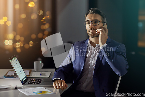 Image of Phone call communication, office and night businessman talking, networking or chat about financial portfolio documents. Conversation, investment discussion or bokeh employee, worker or agent speaking