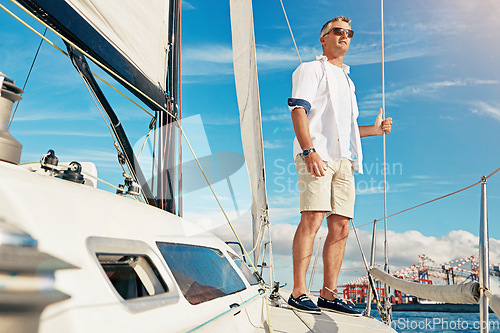 Image of Sea travel and man on yacht thinking of adventure, holiday and freedom in summer sunshine. Relax, peace and mature guy on luxury boat in Croatia, Europe for retirement lifestyle leisure.