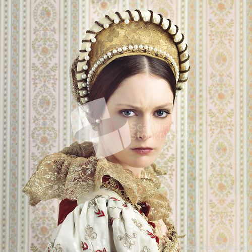 Image of Renaissance, royalty and portrait of Victorian queen for luxury, history and vintage in England. Medieval, fantasy and beauty with face of woman in regal dress costume for leader, fashion and elegant