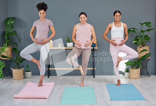 Image of Pregnant yoga, balance and portrait of women standing in yoga pose for exercise, health and wellness in studio. Friends, pregnancy and female group bonding during workout, fitness and buddha position