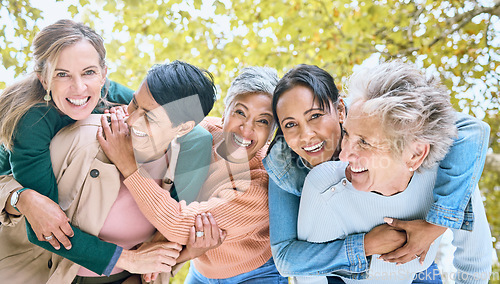 Image of Friends, park and portrait of group of women enjoying bonding, quality time and relax in retirement together. Diversity, friendship and faces of happy senior females with smile, hugging and laugh