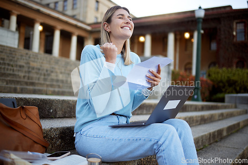 Image of University success, student scholarship paper and happy woman excited about exam results. Learning, outdoor education building stairs and happy person with winner and school success result letter