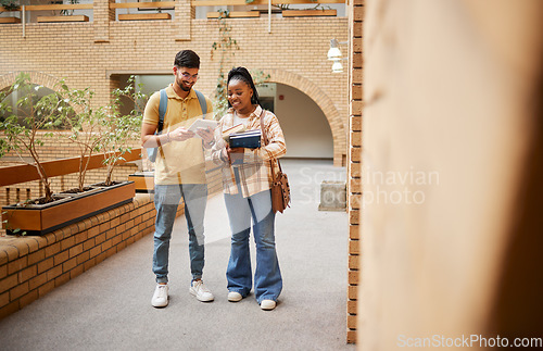 Image of Students, university and education, tablet and books for learning, scholarship and collaboration on campus. College with man and black woman study together, learn with diversity and academic goals