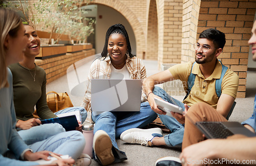 Image of Diversity, laptop and students on ground, conversation and connection for study session, brainstorming and group project. Academics, young people or friends sitting, talking and collaboration outdoor