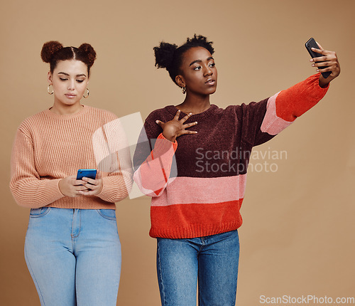 Image of Selfie, trendy friends or women isolated on studio background for social media, profile picture and phone. Smartphone, gen z and beautiful black woman, people or influencer person on networking app