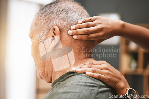 Image of Physiotherapy, neck pain and senior man with physiotherapist for massage, injury and arthritis. Physical therapy, elderly male and patient consulting chiropractor for joint, muscle and spine relief