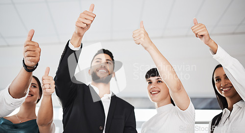 Image of Thumbs up, winning and group people success, support or thank you hands sign. Yes, like or winner of business team, employees or worker with vote, agreement and well done emoji in collaboration below