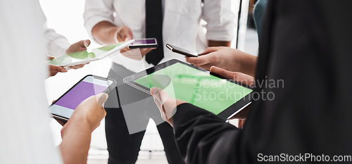Image of Hands, green screen and technology with a business team in studio isolated on a white background for communication or networking. Tablet, phone and mockup with an employee group on blank space