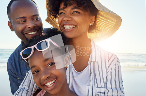 Image of Black family, happy and beach sunshine portrait together for travel holiday, summer vacation or bonding outdoor. Parents smile, child happiness and relax quality time on ocean sea water for adventure