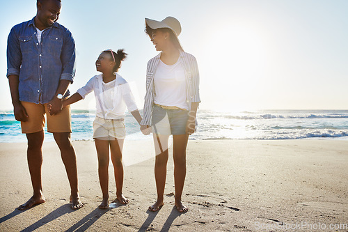 Image of Black family, mother and father with girl, beach and vacation for summer, weekend break and bonding. Love, parents and daughter on seaside holiday, sand and happiness for traveling and holding hands