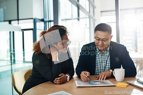 Image of Meeting, finance and planning of people manager with graphs, charts and analysis, teamwork and collaboration. Business documents, financial report and accounting senior person, boss and leadership