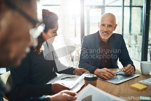 Image of Meeting, finance and planning of senior man with leadership, teamwork and group discussion for collaboration. Real business, financial and accounting person, boss or people with success and paperwork