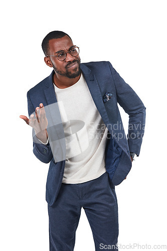 Image of Doubt, confused and mockup with a business black man in studio isolated on a white background asking a question. Thinking, idea and mock up with a young male employee standing on blank space