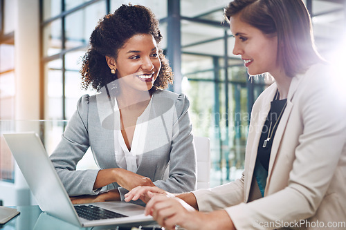 Image of Happy, data analysis or business women on laptop for success business meeting, invest strategy or planning company finance. Collaboration, smile or teamwork on tax data analysis or financial network