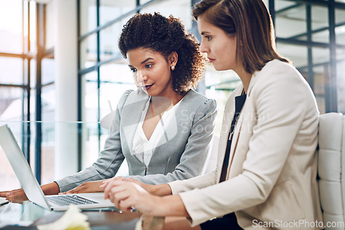 Image of Thinking, data analysis or business women with laptop for business meeting, invest strategy or planning company finance. Collaboration, diversity or teamwork on tax data analysis or financial network