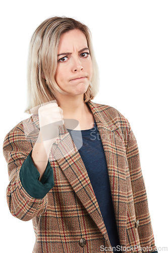 Image of Angry, woman with fist for punch and portrait, fight pose and self defense with conflict isolated on white background. Violence, attack and boxing with power, strong female and fighting with bullying