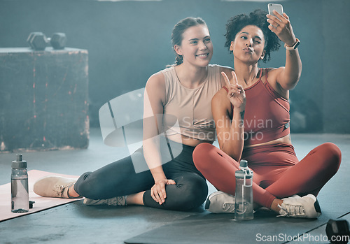 Image of Woman, friends and fitness with phone for selfie, peace sign and pout after workout, exercise or training at gym. Sporty women with smile looking at smartphone for photo or healthy wellness together