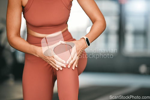 Image of Woman, exercise and knee pain with injury, fitness and workout in sportswear, muscle tension and sports. Leg massage, female athlete and lady with inflammation, training accident and joint sprain