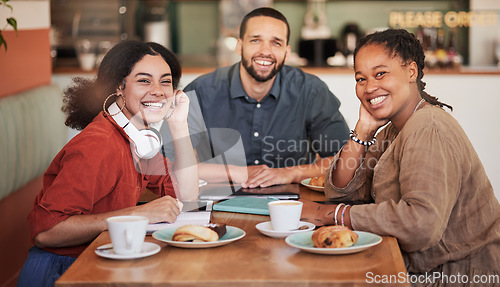 Image of Business meeting, cafe and portrait of web design consultation group with a smile. Working, planning and diversity of creative team consulting on a social media strategy for startup company growth