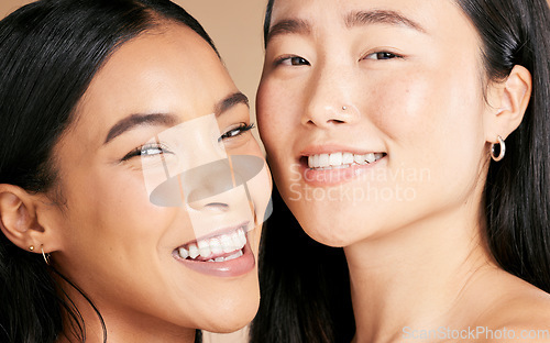 Image of Skincare, cosmetics and portrait of women with makeup isolated on a studio background. Smile, dermatology and face of model friends with happiness for foundation shade diversity on a backdrop