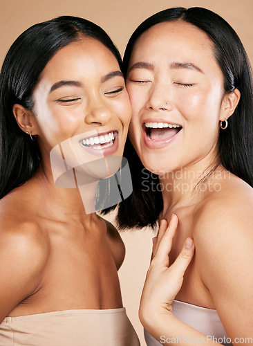 Image of Beauty, skincare and diversity of different women in studio for dermatology, makeup and cosmetics. Asian and black person together for skin glow, spa facial and healthy body of friends for wellness