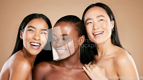 Image of Skincare, beauty and diversity, women smile with salon hair on studio background. Health, wellness and luxury cosmetics, healthy skin care and happy, beautiful and friendly people with natural makeup