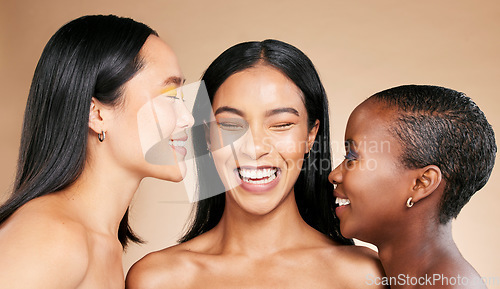 Image of Beauty, diversity and skincare women isolated on studio background for makeup, cosmetics and empowerment. Happy people, model or international friends smile with dermatology glow, love and aesthetic