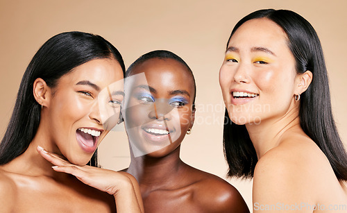 Image of Diversity, beauty portrait and happy with makeup for cosmetics dermatology, skincare wellness and facial care in brown background studio. Women inclusion, model happiness smile and luxury face glow