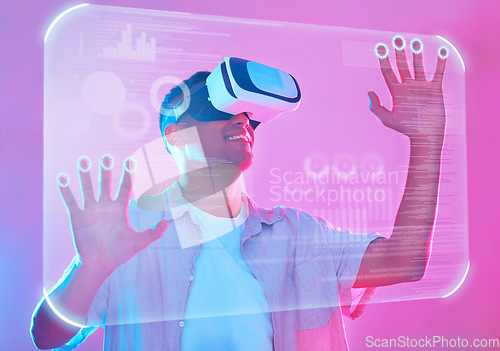 Image of Vr, 3d futuristic and man in metaverse exploring a cyber world. Digital transformation, virtual reality and male touching ux button, data overlay or ai app, graphics or software on pink background.