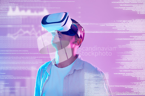 Image of Vr, futuristic data and man in metaverse exploring a cyber world with charts, statistics and info. Digital transformation, virtual reality or male with neon graphics, trading or stock market software