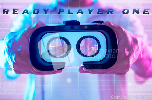 Image of Vr, virtual reality headset and hands of man ready to explore cyber world. 3d metaverse, futuristic and male player holding technology for augmented reality, neon and gaming glasses for esports game.