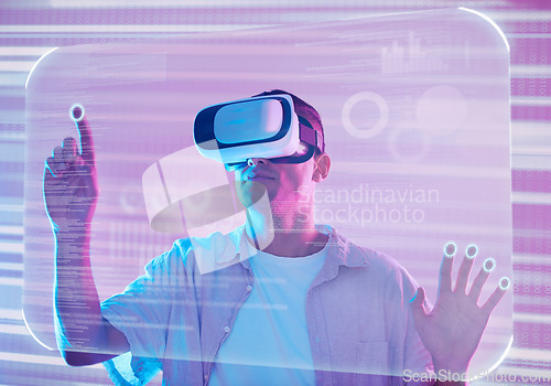 Image of Data, vr futuristic and man in metaverse exploring a cyber world. Digital transformation, 3d virtual reality and male touching or pressing ux button, information or ai, dashboard or software app.