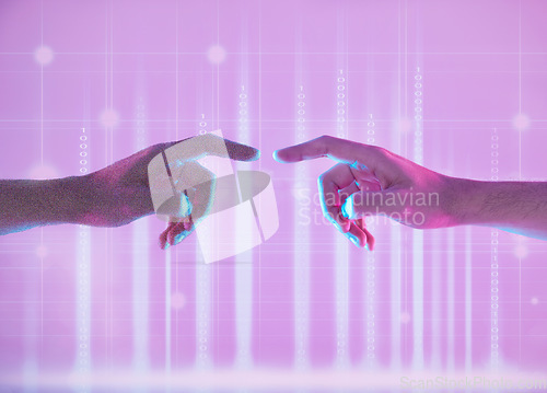 Image of Metaverse, touching and hands of people in digital world for connection, communication and social network. Futuristic, neon and fingers for vr experience, connectivity and creative innovation