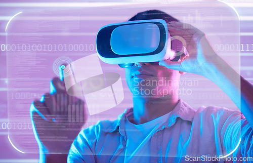 Image of Futuristic data, virtual reality and man in metaverse exploring a cyber world. Digital transformation, neon technology and male touching ux button for trading, stock market or vr, binary or software.