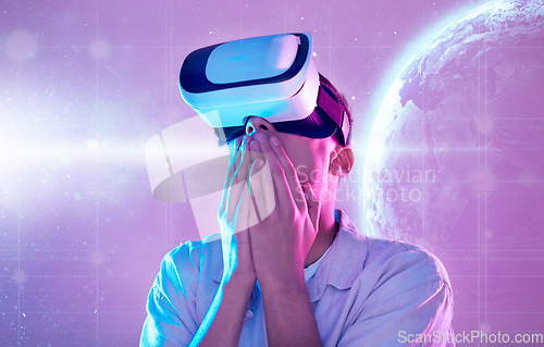 Image of Futuristic, wow and man with vr planet exploring a cyber space world. Surprise, shock and male in virtual reality, metaverse or exploration of galaxy stars, neon and universe simulation with 3d tech.