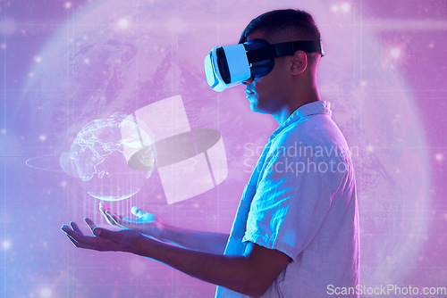 Image of Vr, metaverse and man with globe hologram for networking, connection and digital transformation. Neon world, futuristic technology and male holding 3d earth with virtual reality software on headset.