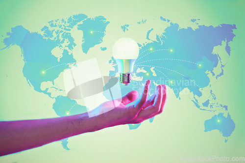 Image of World map, lightbulb and hand for idea, sustainability and networking in digital, data exchange and connection. Energy saving, worldwide power and future of internet, electricity and iot technology