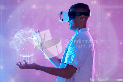 Image of Metaverse, vr and man with globe hologram for networking, connection and digital transformation. Neon world, futuristic technology and male holding 3d earth with virtual reality software on headset.