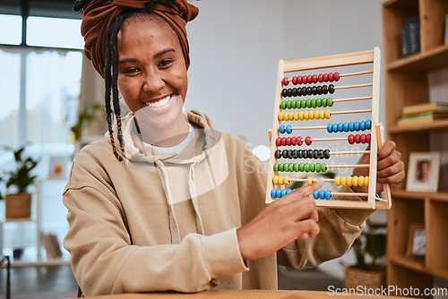 Image of Black woman, teacher and math with elearning portrait for education, teach with abacus for learning and internet. Online class, study and school webinar with live streaming, numbers and teaching