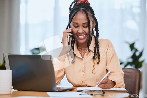 Image of Black woman, laptop and phone call notes for online communication, planning strategy or writing in notebook. African girl, smile and talking on smartphone call for business schedule with tech device