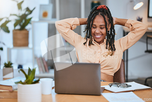 Image of Black woman, laptop and relax stretching reading online email communication and planning break in home office. African girl, corporate happiness and rest with digital tech device for web design