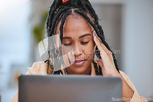 Image of Black woman, headache stress and working on laptop for planning strategy, overtime web design or schedule fatigue. Tired african girl, frustrated burnout and online networking anxiety or head pain