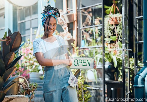 Image of Flowers, open sign and florist portrait of woman, startup small business owner or store manager with retail sales choice. Commerce shopping service, plant market or African worker with garden product