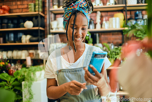 Image of Credit card, pos payment or florist woman, startup small business owner or manager with retail sales product. Commerce shopping service, flower store or African worker with financial fintech purchase