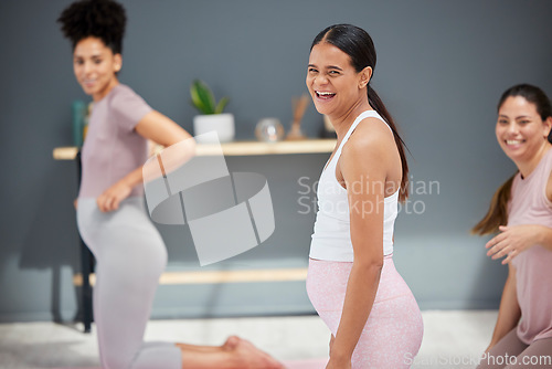 Image of Pregnant, yoga or women in class laughing in training, body exercise or fitness workout in house studio. Pregnancy, wellness or healthy funny friends with a happy smile in maternity training at home