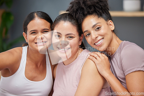 Image of Support, portrait or women in yoga class with a happy smile after group training exercise or fitness workout together. Trust, faces or healthy friends hugging, bonding or relaxing in zen home studio