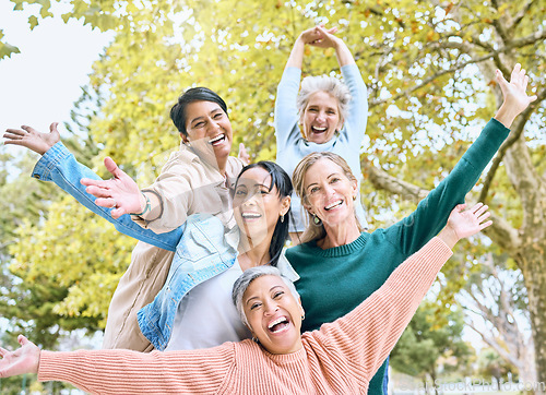 Image of Senior retirement, portrait and hands up in fun game, goofy activity or silly energy for comic profile picture on social media. Smile, happy women and diversity elderly friends in nature park bonding